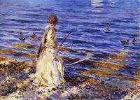 (image for) Handmade Oil painting for home canvas, oil painting framed canvas for living room John Singer Sargenti's art Girl Fishing 1913